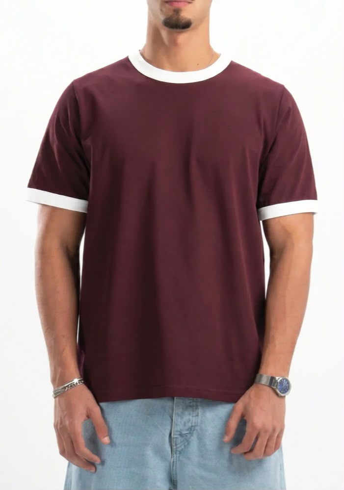 Burgundy Ringer Tee -white