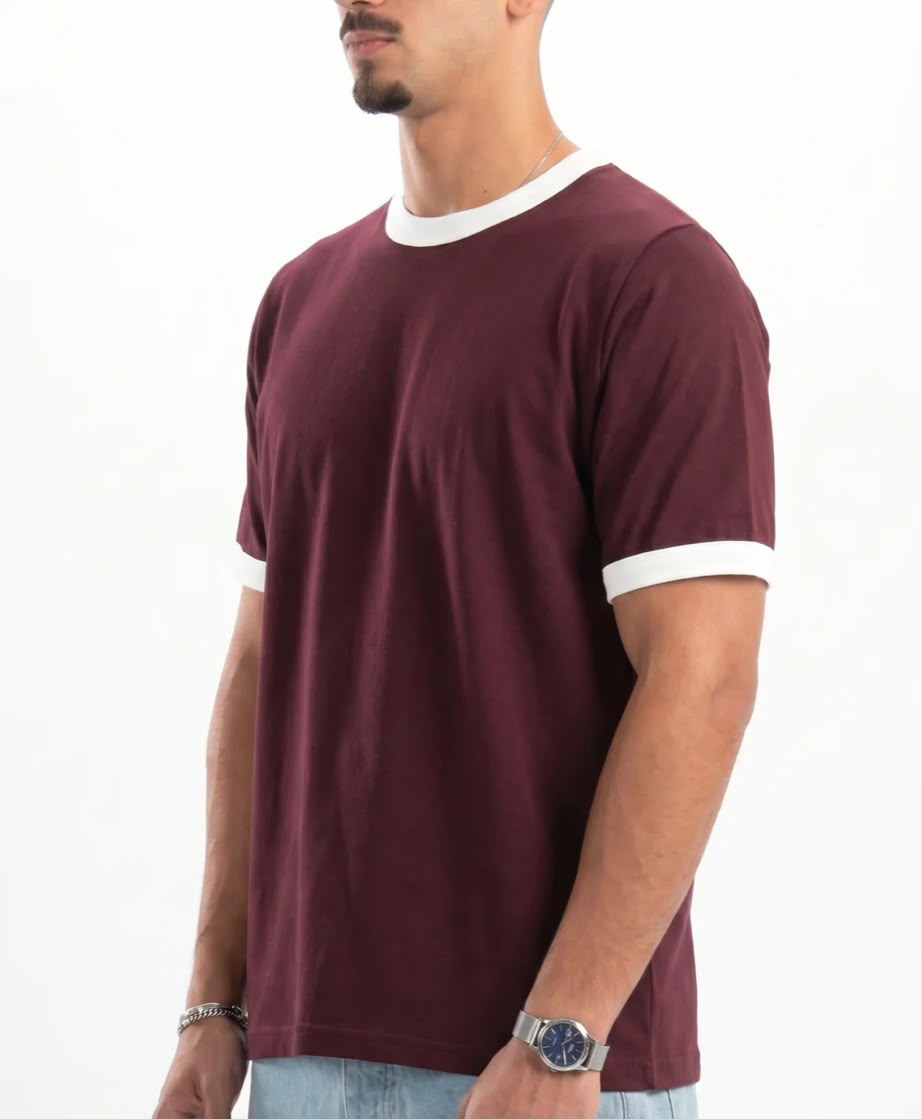 Burgundy Ringer Tee -white
