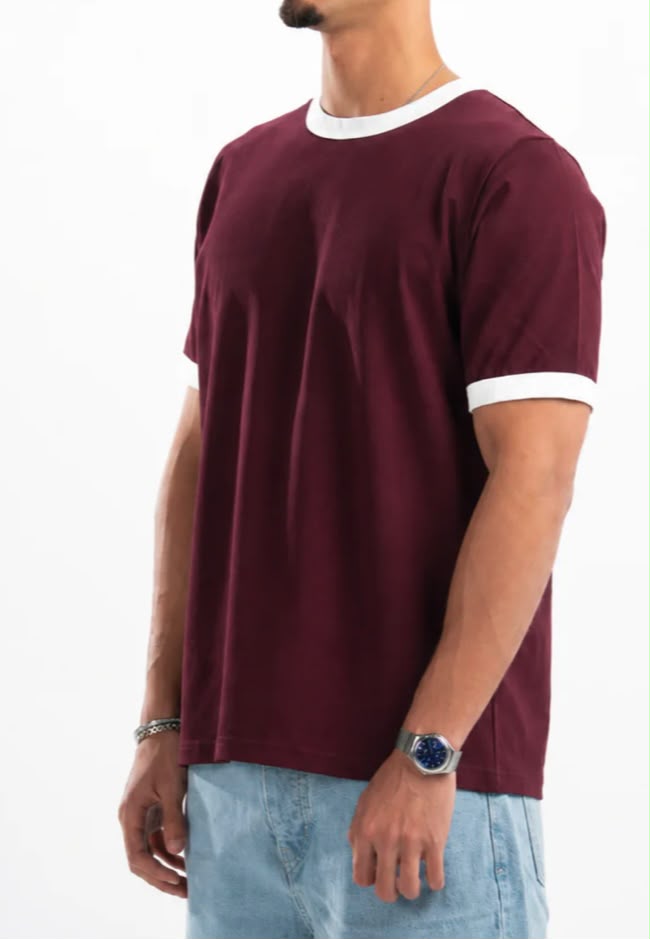 Burgundy Ringer Tee -white