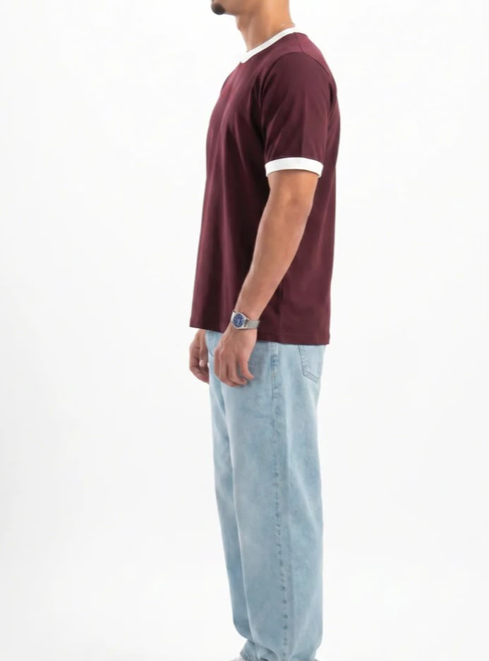 Burgundy Ringer Tee -white