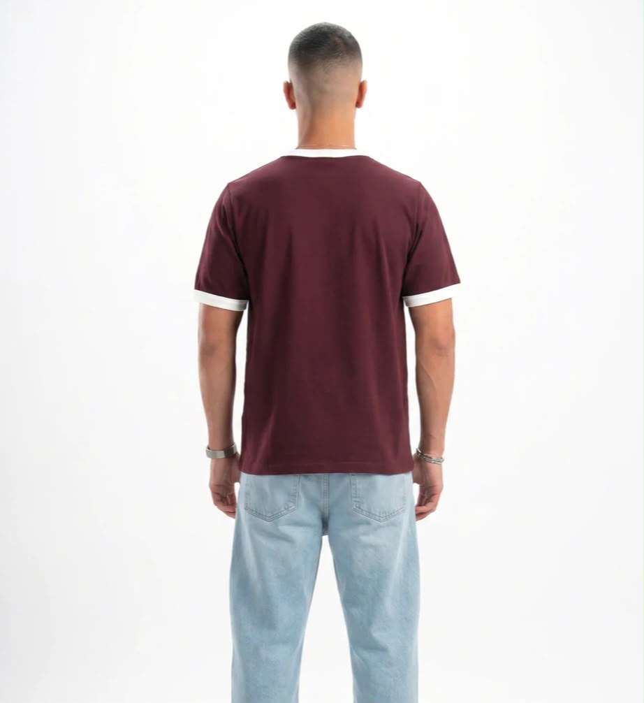 Burgundy Ringer Tee -white